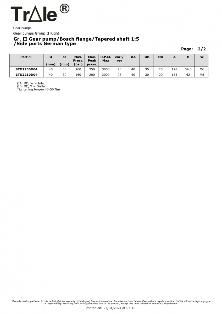 Bơm bánh răng thủy lực Group 2 trục côn 1:5 Bosch Flange