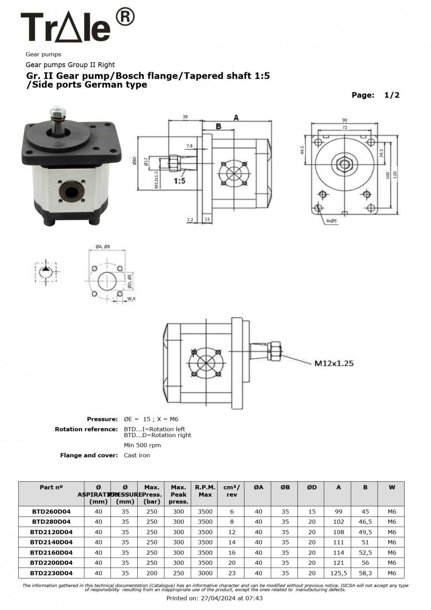 Bơm bánh răng thủy lực trục côn 1:5 Bosch Flange